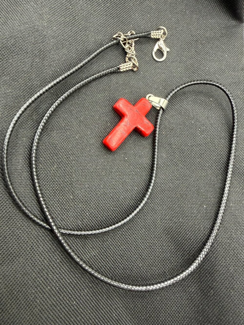 Carved Crimson Red Howlite Stone Cross Pendant Necklace: Marbled Spiderweb Gothi
